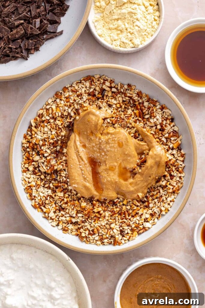 Ingredients for the pretzel crust layer to make high-protein frozen peanut butter pretzel bars.
