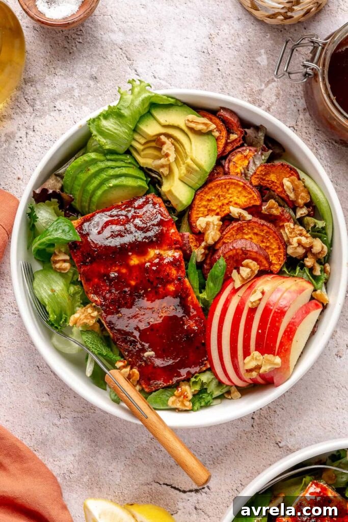 BBQ salmon bowl with sweet potatoes and avocado