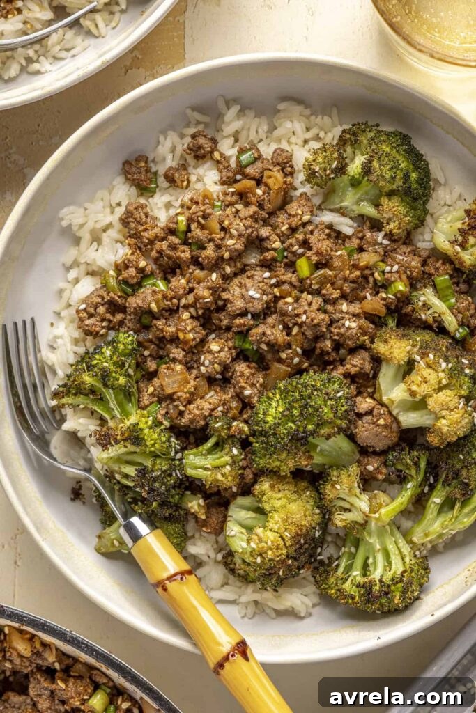 Spicy sriracha ground beef bowl with sesame broccoli