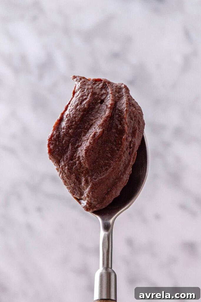 Spoonful of healthy chocolate frosting with a rich, creamy texture