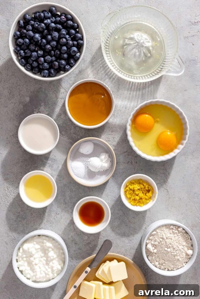Ingredients for lemon blueberry cottage cheese pancakes with blueberries, lemon, cottage cheese, eggs, oat flour and honey