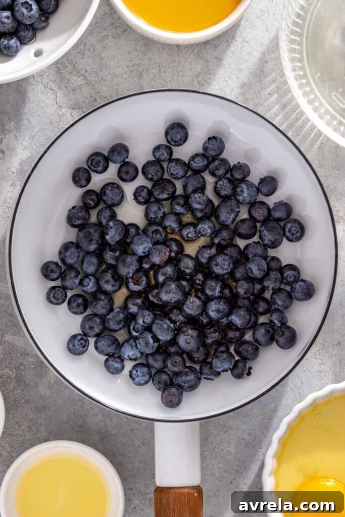 Fresh blueberries, honey and lemon juice in a saucepan for blueberry honey compote