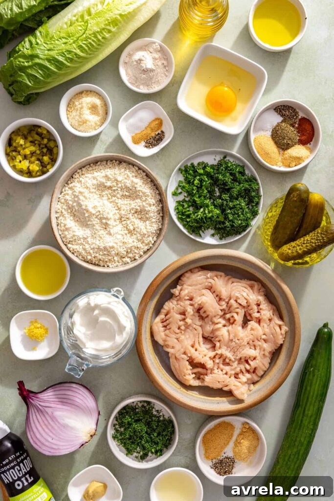 Ingredients for giant dill pickle chicken cutlet with creamy dill salad and pickle ranch