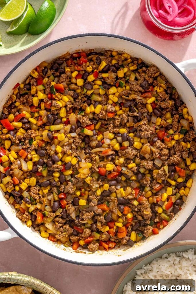 High-Protein Street Corn Taco Skillet One-Pan Dinner 12 Fire-roasted corn and black beans stirred into seasoned ground beef and vegetables