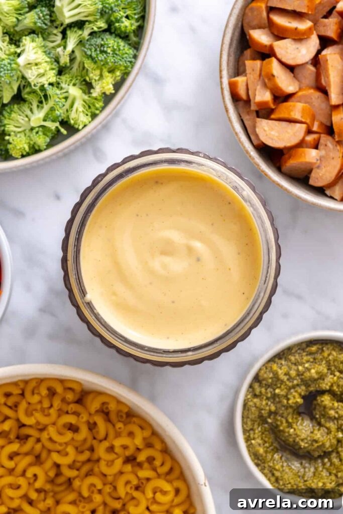 Smooth cottage cheese and cheddar cheese sauce blended for broccoli cheddar pasta