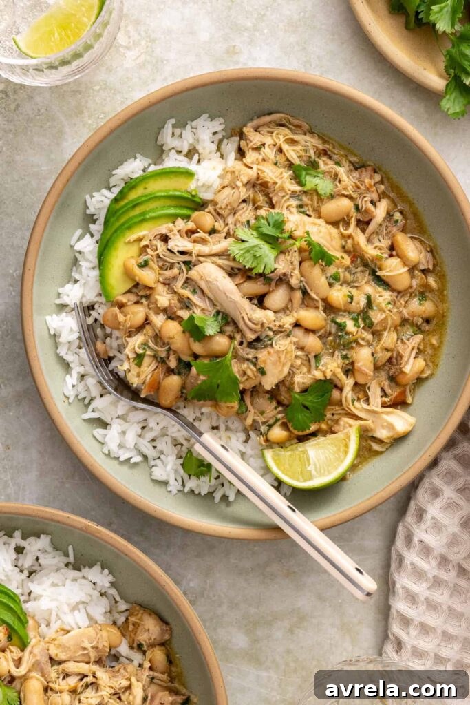 Overhead bowl of green enchilada chicken and beans over rice with avocado and cilantro