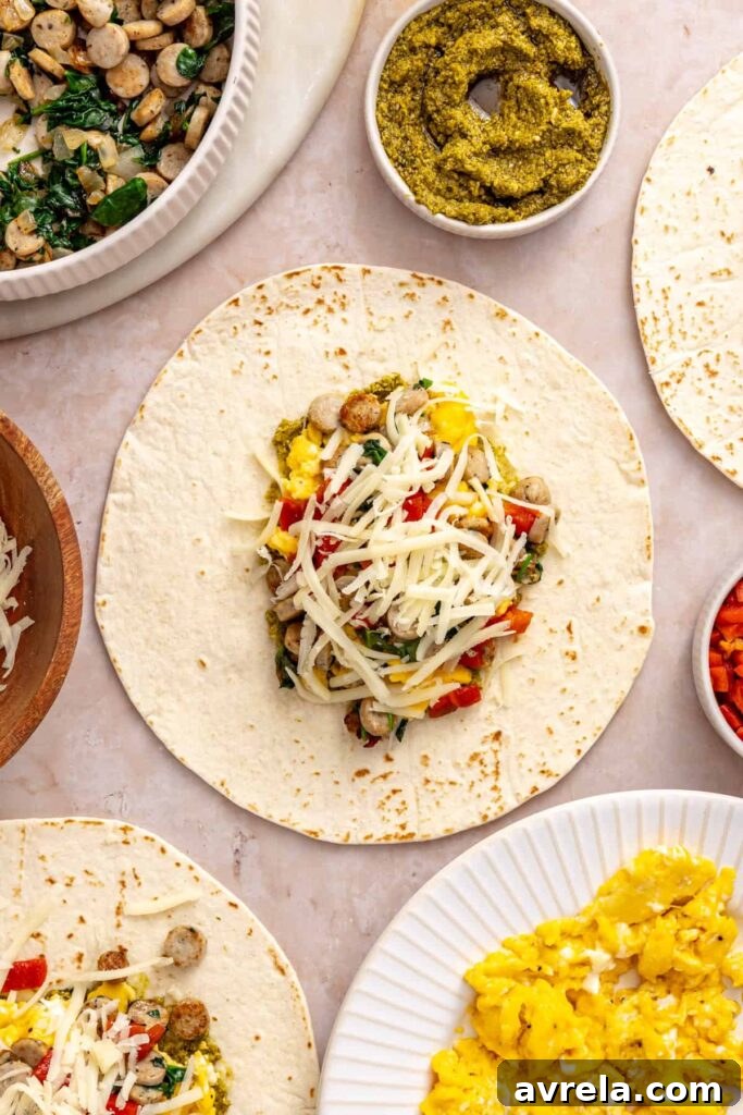 Mozzarella sprinkled over eggs, chicken sausage, spinach and roasted red peppers in a tortilla