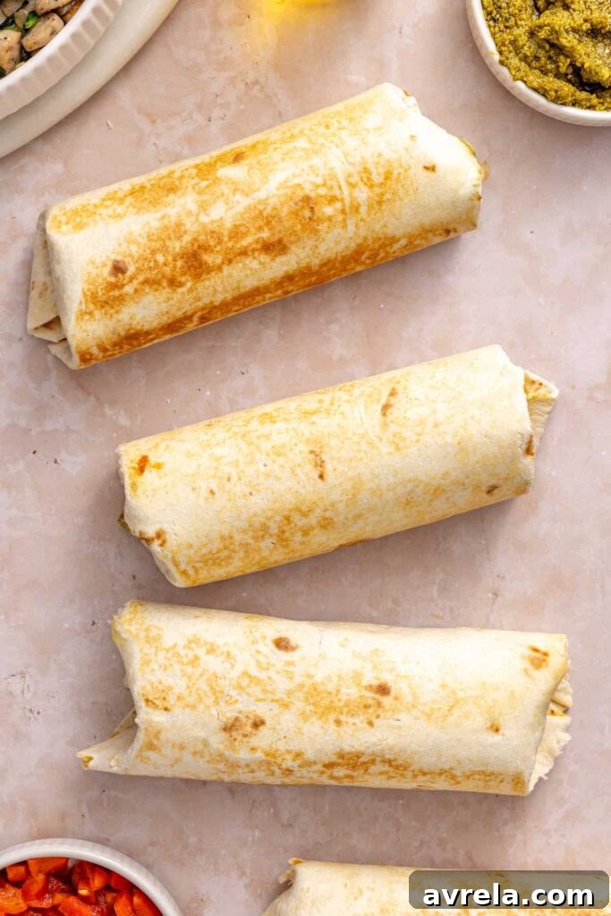 Three golden crisped chicken pesto breakfast burritos ready to serve
