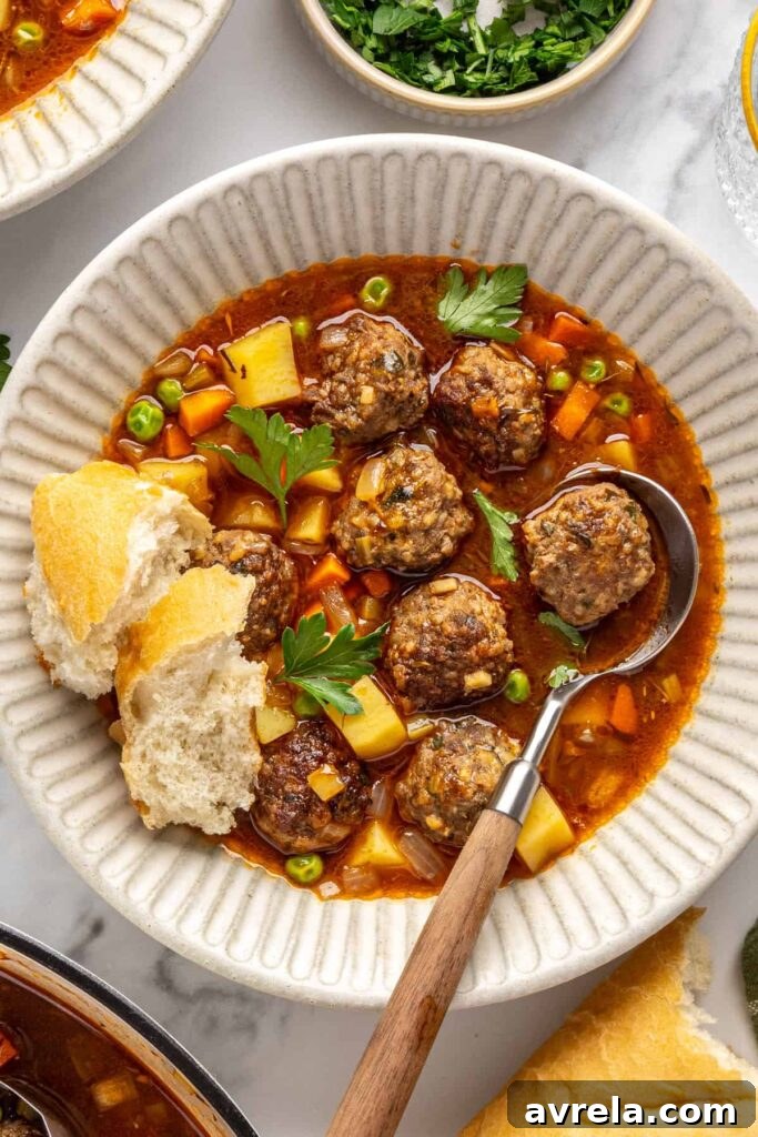 5 Comforting Soup Recipes Everyone Will Love 2 Close-up of tender beef meatballs and vegetables in savory meatball soup garnished with parsley